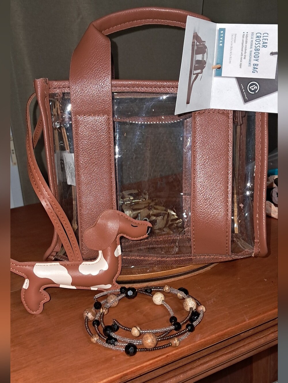 Clear Crossbody Bag with Tan Trim - Unbranded